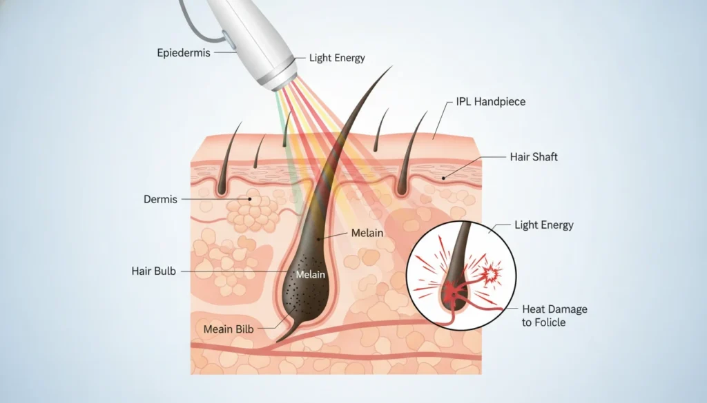 IPL hair removal science diagram showing melanin targeting in follicle